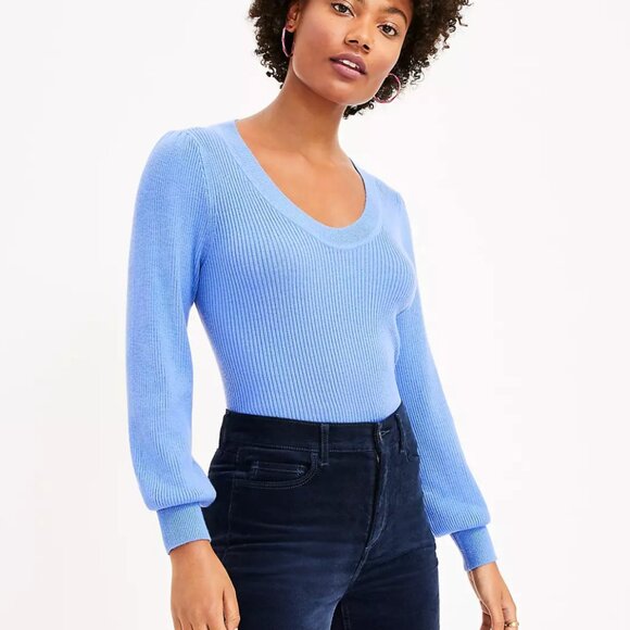 LOFT Sweaters - LOFT Womens Petite Ribbed Puff Sleeve Sweater Size Small S Petite Shirt Blue Top